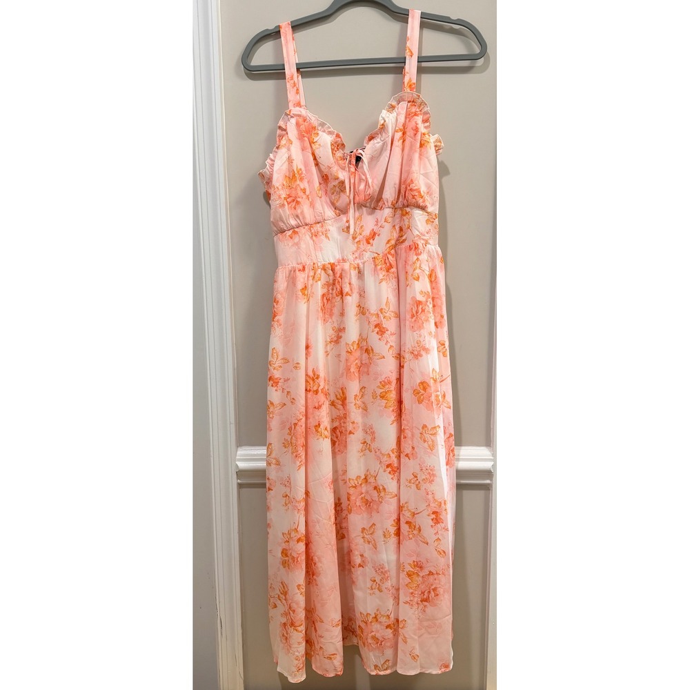 Scarlet Darkness Peach Floral Ruffle Midi Dress Smocked Back L
